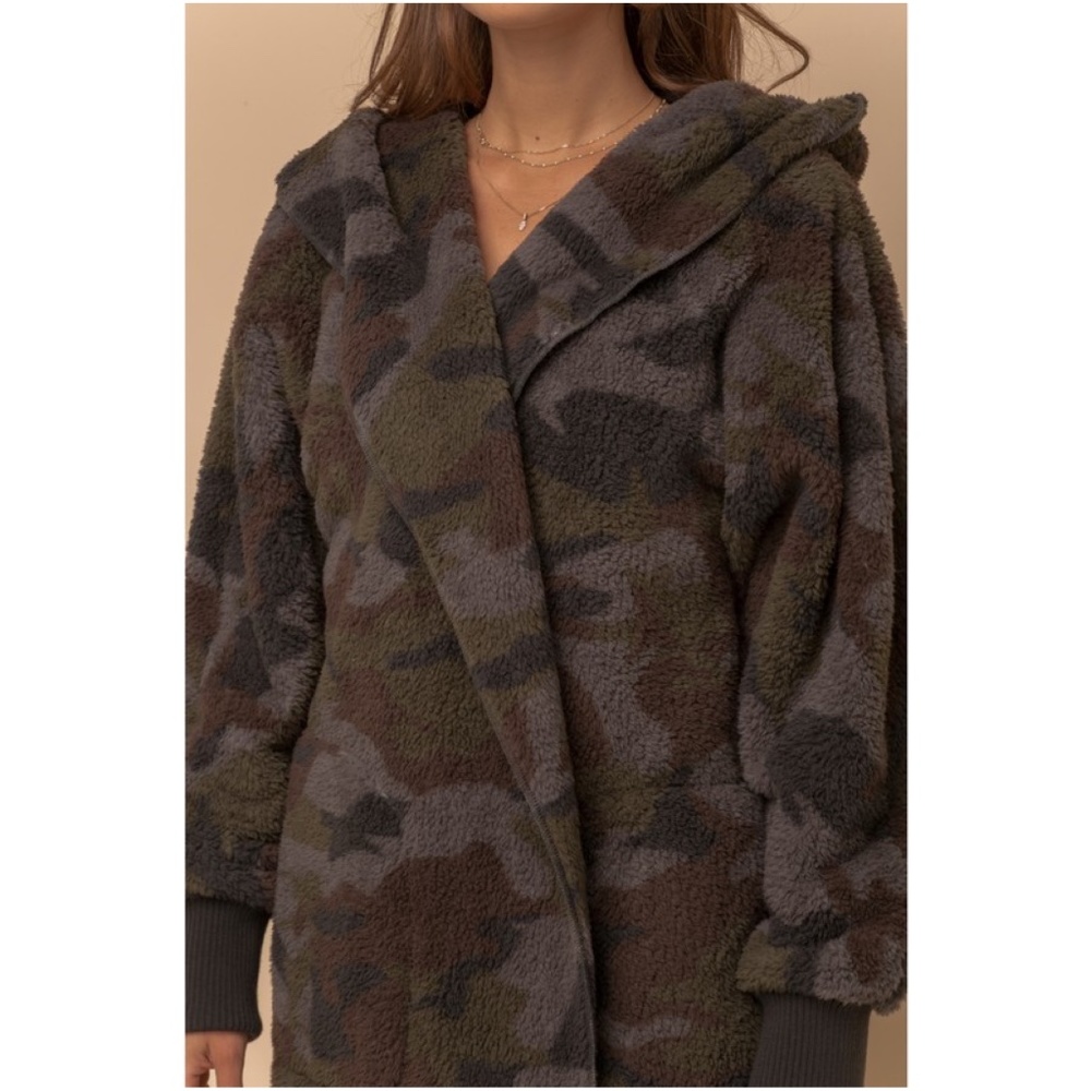 03 Cozy Camo Print Open Front Hoodie Jacket - Picture 2 of 6